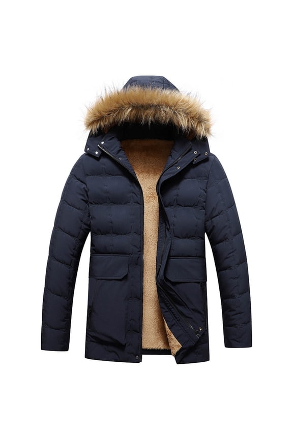 Winter Jackets for Men Hooded Long Sleeve Zipper Solid Furry Padded Jacket Added Wool Warm Winter Coat Dark Blue 3X