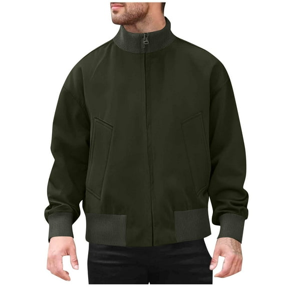 KeShDi Winter Jackets for Mens Jackets Men Solid-Color Casual Outdoor Zipper Pocket Baseball-Jacket Long Sleeve Stand-up Collar Jacket Army Green XL