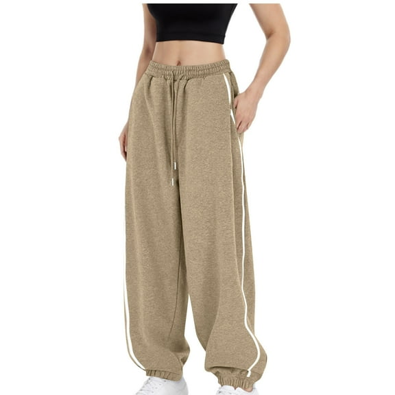 KeShDi Womens Pants Stretch Active Pants For Womens High Waisted Drawstring Sweatpants Casual Baggy Joggers Pants with Pockets Khaki L
