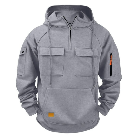 KeShDi Zip Up Hoodie Men Hoodies for Men Pullover Men's Solid Color Long Sleeved Hooded Quarter Zip Multi Pocket Pullover Sweatshirt Gray 5X