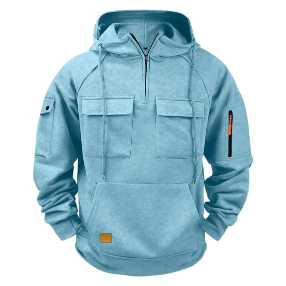 KeShDi Zip Up Hoodie Men Hoodies for Men Pullover Men's Solid Color Long Sleeved Hooded Quarter Zip Multi Pocket Pullover Sweatshirt Sky Blue L