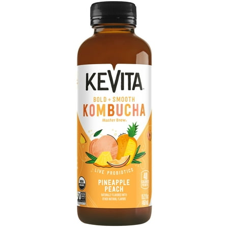 KeVita Master Brew Kombucha Tea, Pineapple Peach Flavor, Naturally Caffeinated, 15.2 oz Bottle