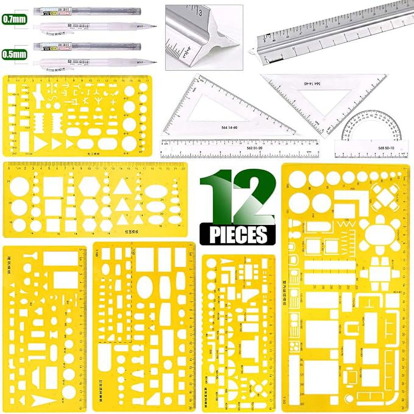 Keadic 12 Pieces Plastic Drawing Template Ruler Kit with Aluminum Architect Scale, Measuring