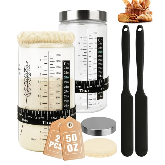 Keafont 50oz Sourdough Starter GGA1 Jar Kit, Large Capacity Sourdough Jar, Wide Mouth Sourdough Bread Starter Kit for Perfect Sour Dough Bread, Sourdough Starter Kit (Black, 2 Pack)