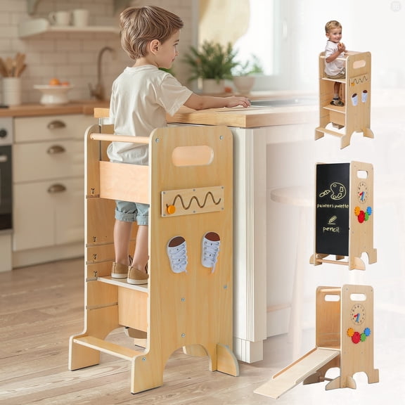 Keaibuding 4-in-1 Multi-functional Montessori Toddler Tower with Slide & Chalkboard, 3-Level Adjustable Wooden Learning Tower, Kitchen Step Stool for Kids & Highchair with Safety Board