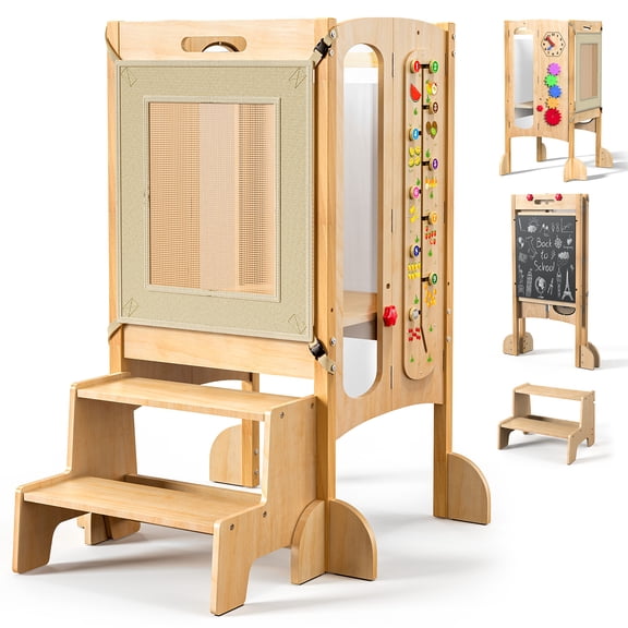 Keaibuding Foldable 4-in-1 Montessori Toddler Tower with Safety Net, Wooden Learning Tower & 2-Step Kitchen Step Stool Helper for Kids, Adjustable Toddler Stand with Dual-Sided Chalk-Whiteboard