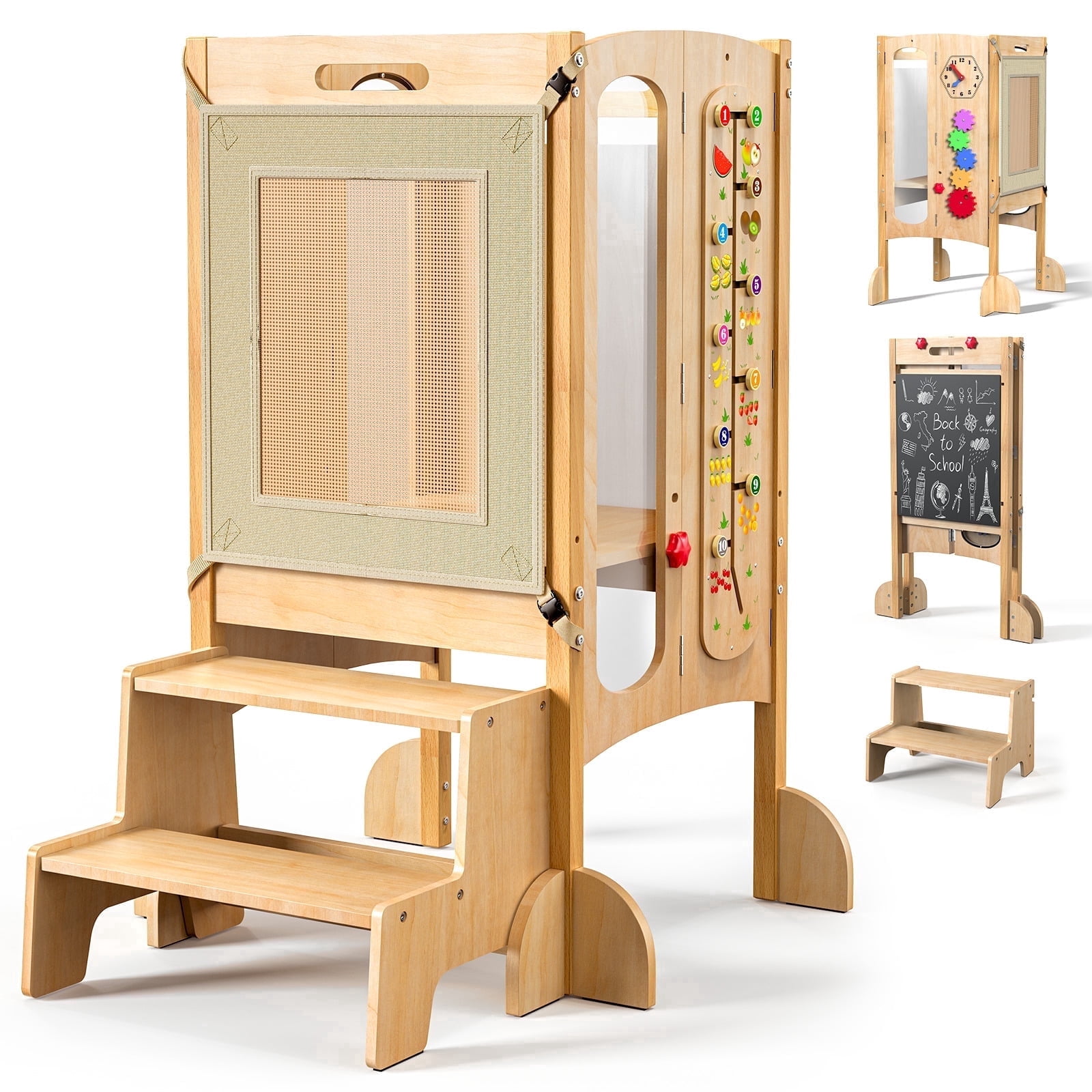 Keaibuding Foldable 4-in-1 Montessori Toddler Tower with Safety Net, Wooden Learning Tower & 2-Step Kitchen Step Stool Helper for Kids, Adjustable Toddler Stand