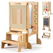 Keaibuding Foldable 4-in-1 Montessori Toddler Tower with Safety Net, Wooden Learning Tower & 2-Step Kitchen Step Stool Helper for Kids, Adjustable Toddler Stand with Dual-Sided Chalk-Whiteboard