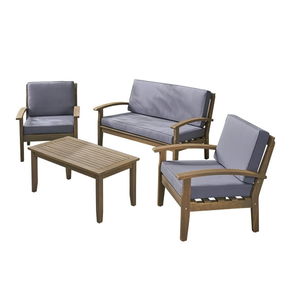 Keanu Outdoor Acacia Wood 4 Seater Chat Set with Cushions, Gray and Dark Gray