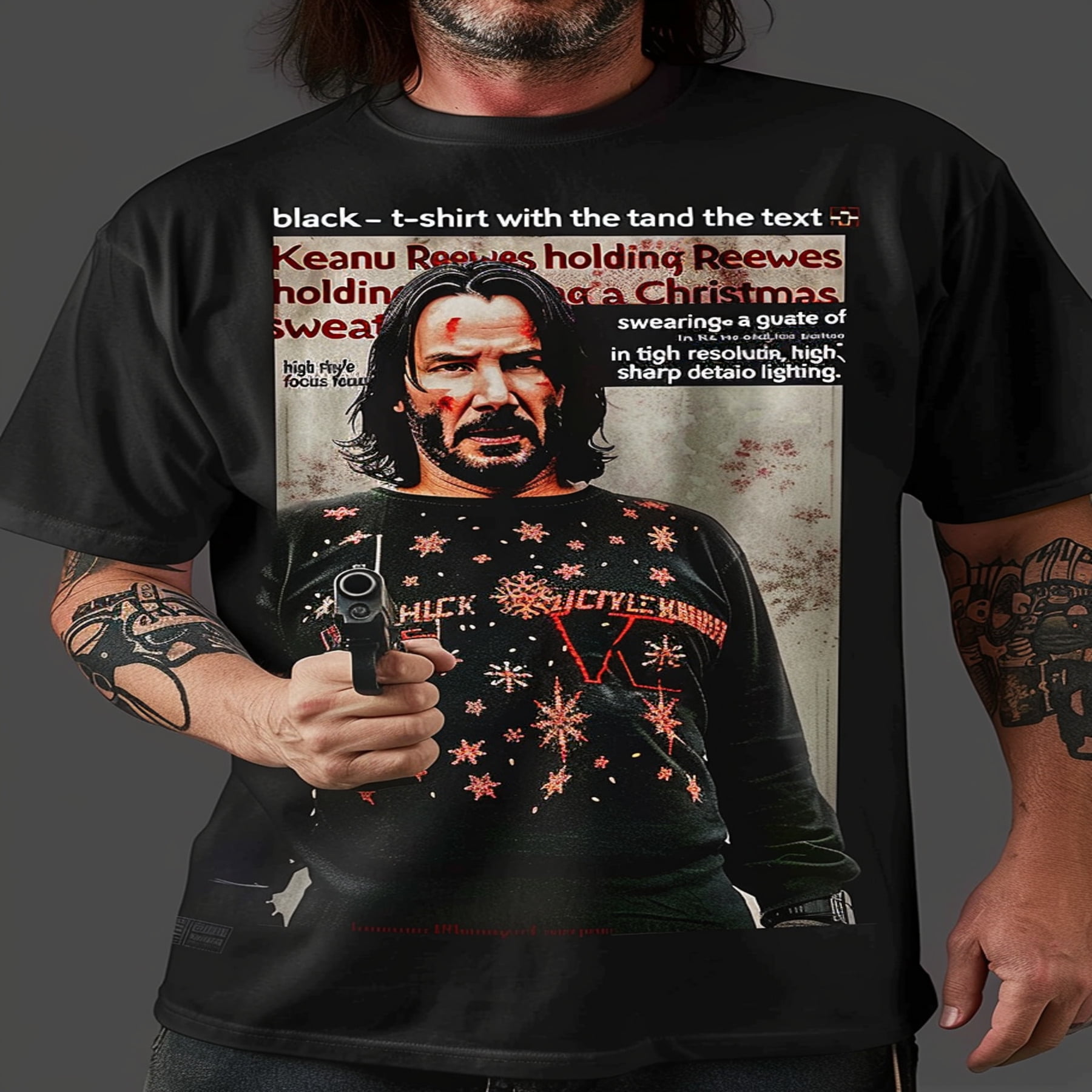 Keanu Reeves in Christmas Sweater Holding Gun Photorealism Art Black TShirt Studio Lighting Detail Walmart