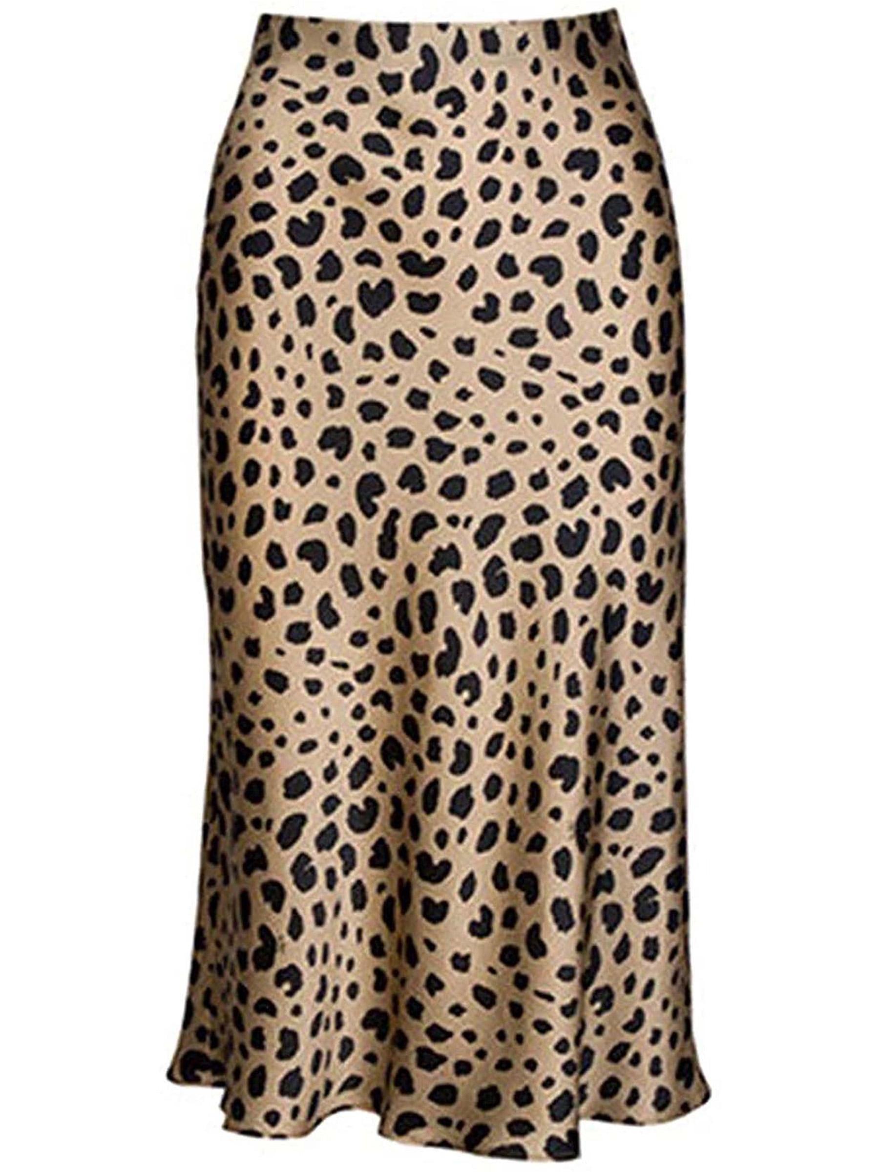 Keasmto Leopard Print Skirt for Women Midi Length Cheetah High Waist ...