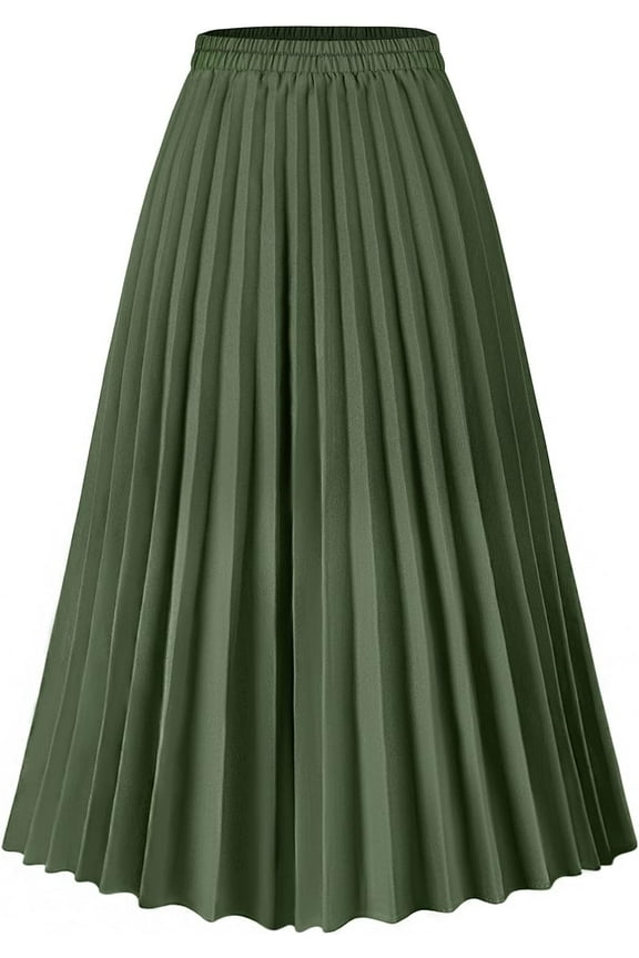 Women Skirts Green Pleated Skirt Midi Long Cheetah High Waist Ladies Elasticized Summer A Line Skirts for Work Office M