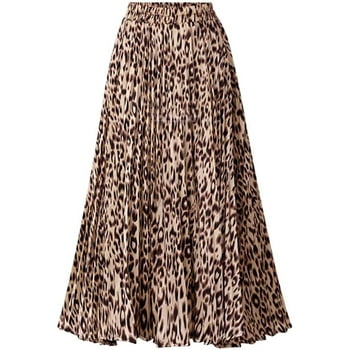 Keasmto Women Skirts Leopard Pleated Skirt Midi Long Cheetah High Waist Ladies Elasticized Summer A Line Skirts for Work Office XL