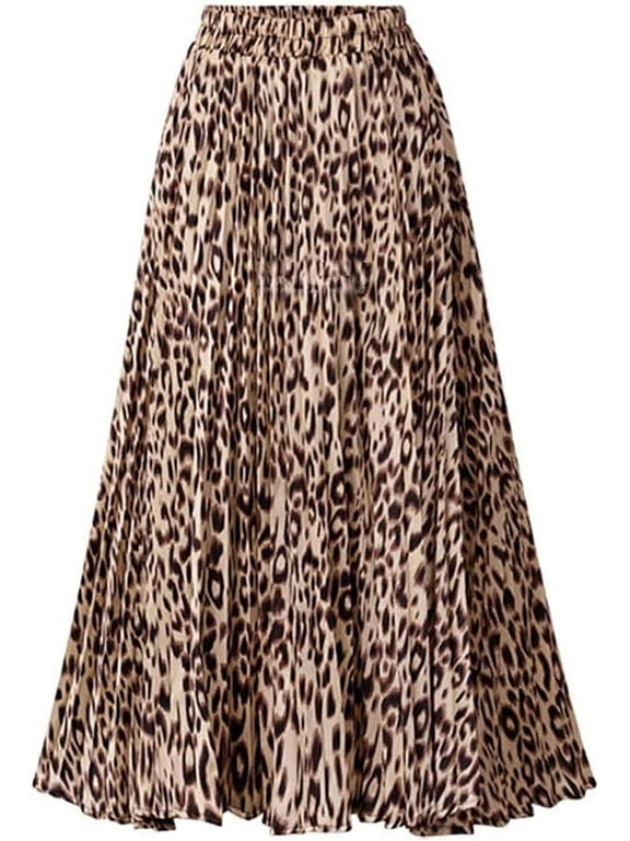 Women Skirts Leopard Pleated Skirt Midi Long Cheetah High Waist Ladies Elasticized Summer A Line Skirts for Work Office XS