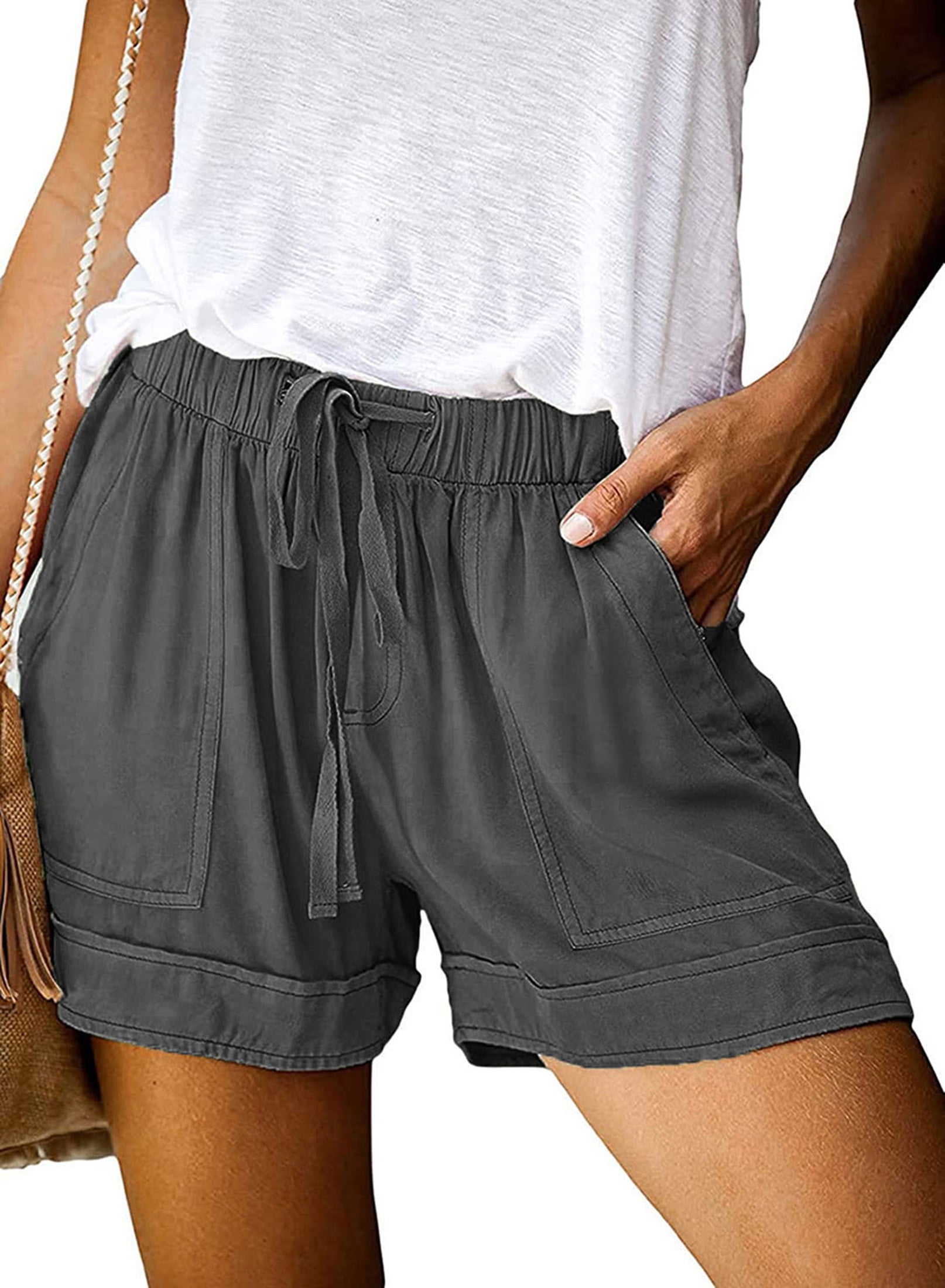 Keasmto Womens Shorts Summer Drawstring Casual Elastic Waist High Rise Lightweight Plus Size with Pockets Dark Grey XL