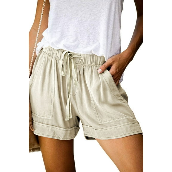 Keasmto Womens Shorts Summer Drawstring Casual Elastic Waist High Rise Lightweight Plus Size with Pockets Khaki L