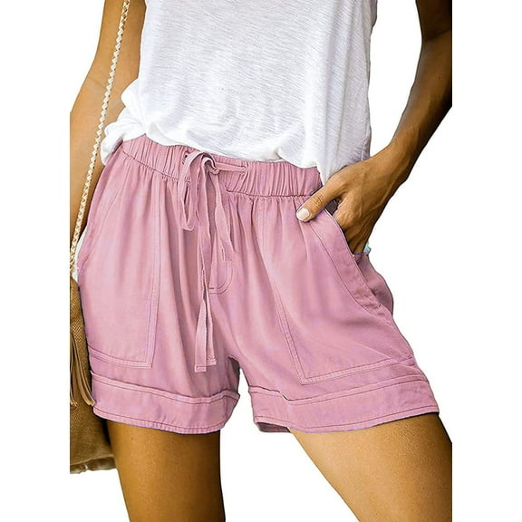 Keasmto Womens Shorts Summer Drawstring Casual Elastic Waist High Rise Lightweight Plus Size with Pockets Pink S