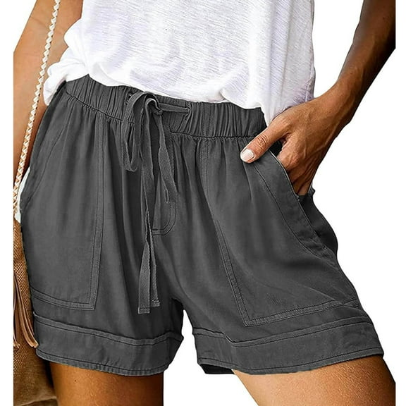 Keasmto Womens Shorts Summer Drawstring Casual Elastic Waist High Rise Lightweight Plus Size with Pockets Dark Grey L