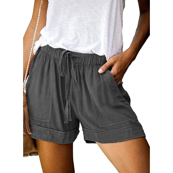 Keasmto Womens Shorts Summer Drawstring Casual Elastic Waist High Rise Lightweight Plus Size with Pockets Dark Grey M