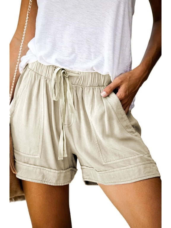 Womens Shorts Summer Drawstring Casual Elastic Waist High Rise Lightweight Plus Size with Pockets Khaki L