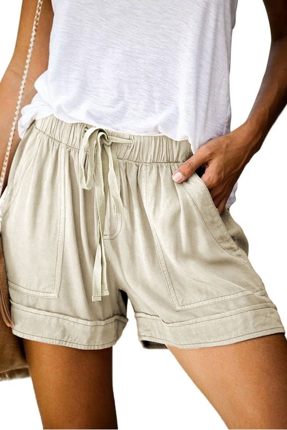 Womens Shorts Summer Drawstring Casual Elastic Waist High Rise Lightweight Plus Size with Pockets Khaki M