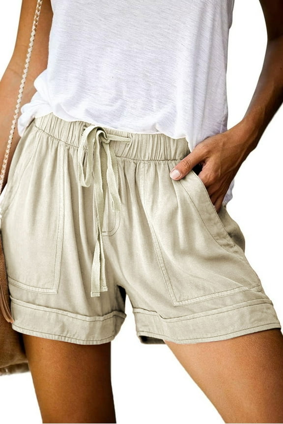 Womens Shorts Summer Drawstring Casual Elastic Waist High Rise Lightweight Plus Size with Pockets Khaki S