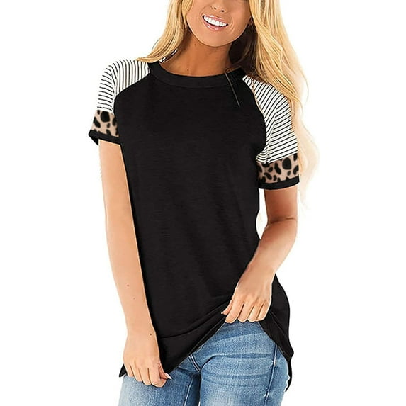 Keasmto Womens T Shirts Leopard Print Tunic Tops Casual Tees Short Sleeve Summer Fashion Blouses Clothes Black S