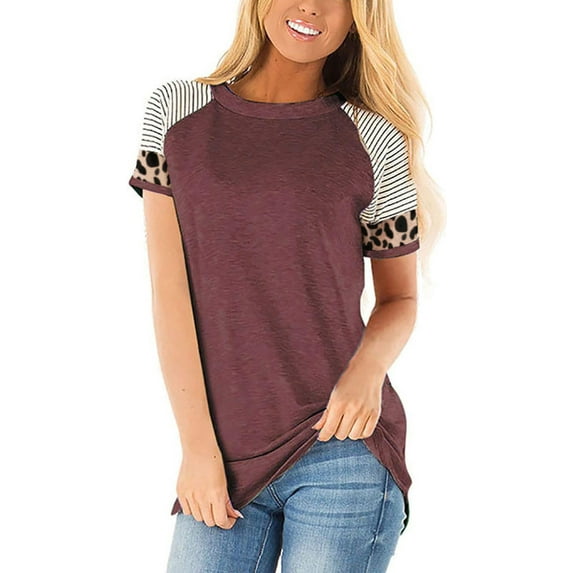 Keasmto Womens T Shirts Leopard Print Tunic Tops Casual Tees Short Sleeve Summer Fashion Blouses Clothes Purple S