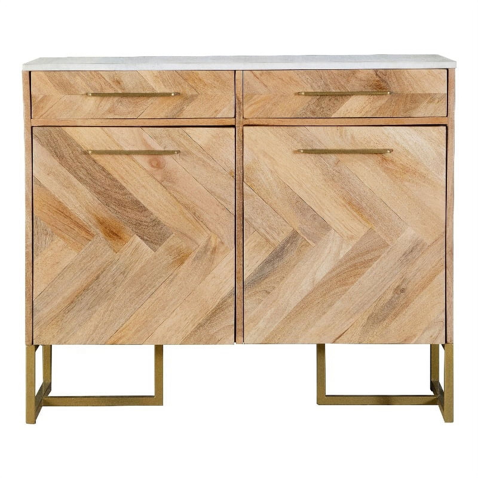 Brown Mango Wood Accent Cabinet with Marble Top and Adjustable Shelving