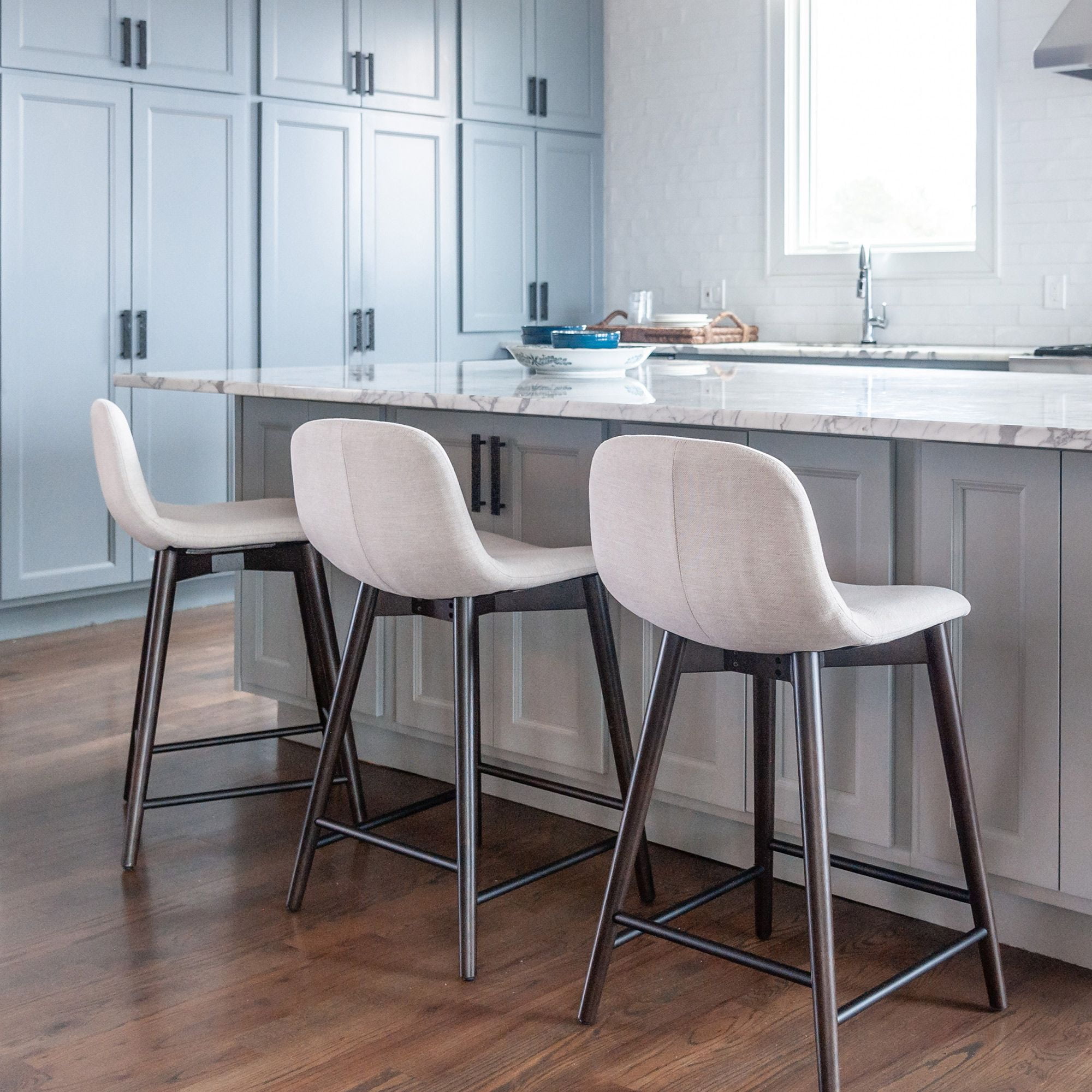 Keaton Beige Upholstered Wood Counter Stool with Footrest
