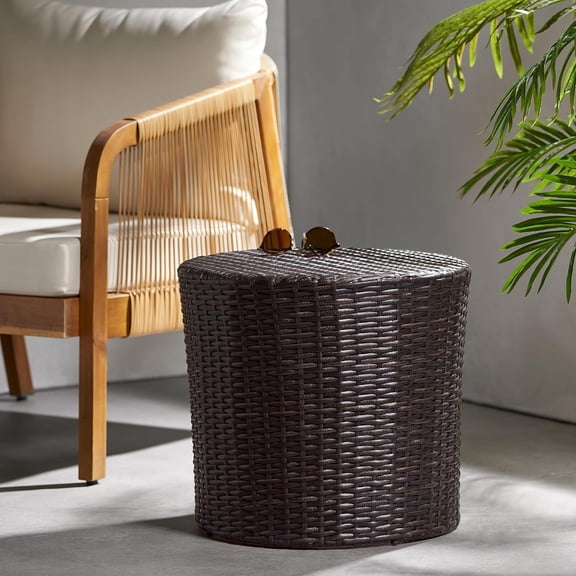 Keaton Wicker Barrel Side Table, Multibrown Outdoor Furniture for Garden