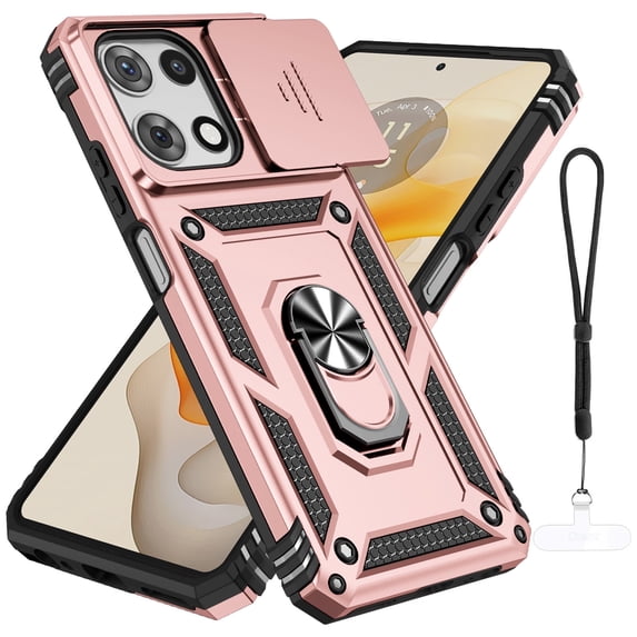 Kebiory For Moto G 2025 Case,For Moto G Play 2025 Case Built in Finger Ring Holder Kickstand,Heavy Duty Shockproof Full Body Protective Phone Cover - Rose Gold
