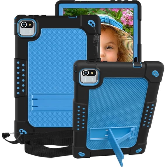 Kebiory Shockproof Kids Shoulder Strap Stand Hybrid Tablet Case for Baken B10 2022/Volentex M10/Freeski Fsk10018/Higrace Kt1006/Colorroom 10.1/Cheerjoy cjy/Aiprotablet Ai-K10/Wetap Y10(Black+Blue)