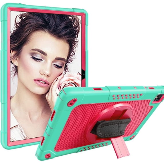 Kebiory for TCL TABMAX 10.4 Inch Tablet Case,Shockproof 360 Rotating Stand Hand&Shoulder Strap Kids Friendly Case for Nokia T20/TCL Tab Pro 5G(Model: 9198S)/VASTKING KingPad M10 Tablet(Green+Pink)