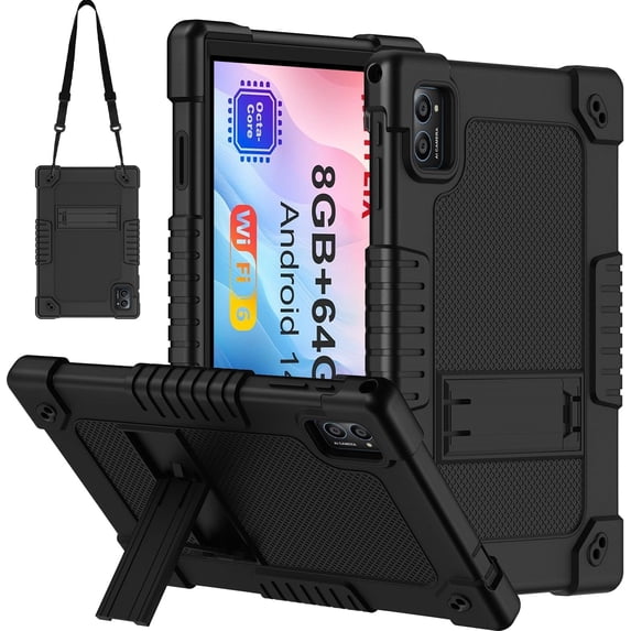 Kebiory for TabneraX 10.1 Inch Tablet Case,Heavy Duty Hybrid Shockproof Kids Protective Case Built in Kickstand Shoulder Strap Cover for TabneraX UTbook 10.1 Inch/AWOW UTBook_14 Tablet(Black)