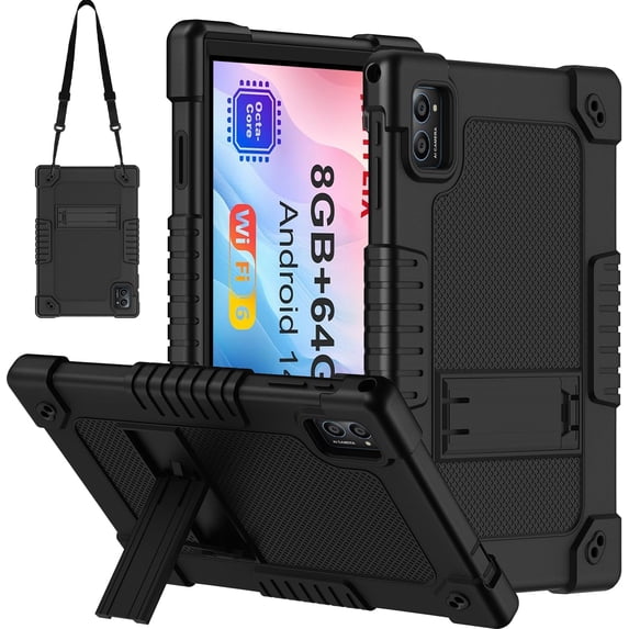 Kebiory for TabneraX 10.1 Inch Tablet Case,Heavy Duty Hybrid Shockproof Kids Protective Case Built in Kickstand Shoulder Strap Cover for TabneraX UTbook 10.1 Inch/AWOW UTBook_14 Tablet(Black)