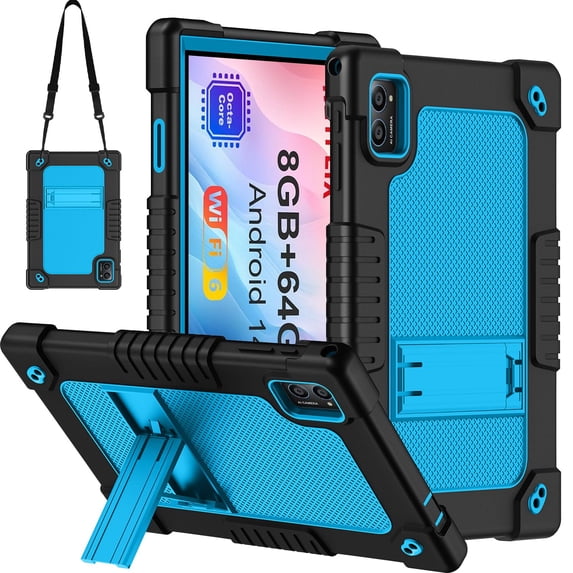 Kebiory for TabneraX 10.1 Inch Tablet Case,Heavy Duty Hybrid Shockproof Kids Protective Case Built in Kickstand Shoulder Strap Cover for TabneraX UTbook 10.1 Inch/AWOW UTBook_14 Tablet(Black/Blue)