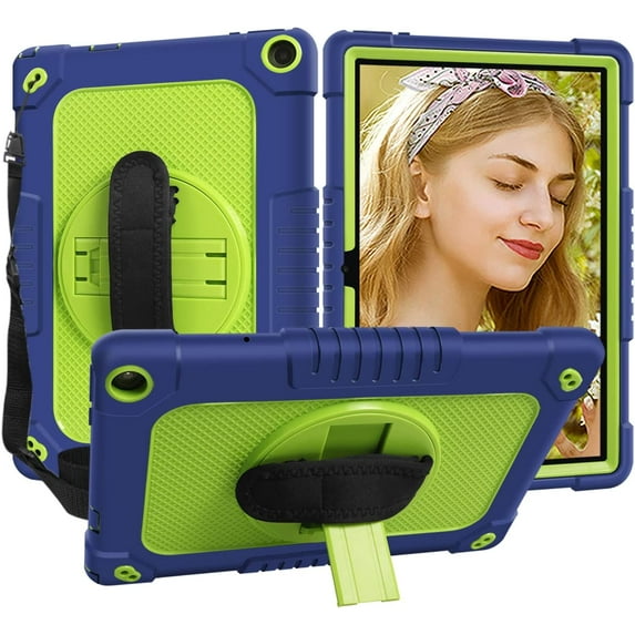 Kebiory for Walmart ONN 10.1 Inch Tablet Case Gen 3 2022(Model:100071485),Shockproof Kids Friendly Armor Case 360 Kickstand Shoulder Hand Strap Shell,for Walmart Onn 10.1 Inch 3nd Gen(Navy+Green)