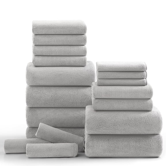 Kebury 18 Piece Family Bath Towels Set - 6 Bath Sheets, 6 Hand Towels & 6 Washcloths - Microfiber Shower Towels with Hanging Loop Absorbent Ultra Soft Towels for Bathroom Spa Gym- Light Grey