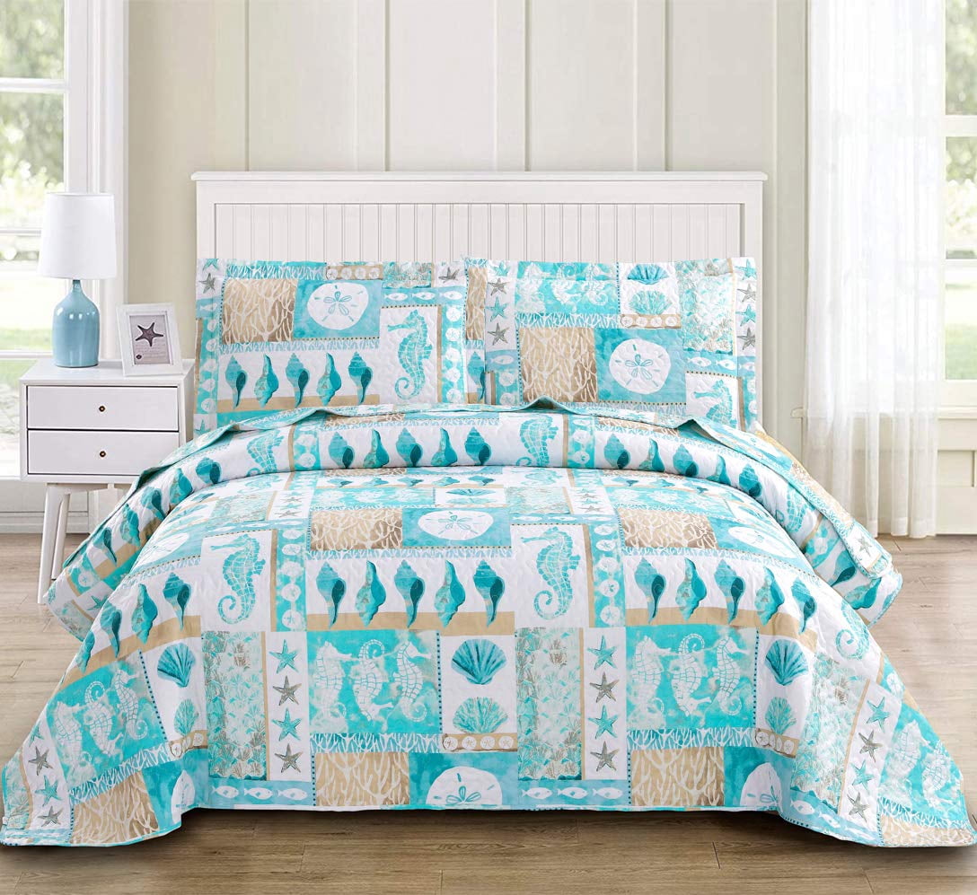 Kebury Coastal Quilts  Ocean Bedding Set Queen Size Lightweight Patchwork Beach Theme Bedding Blue Shell Printed Coverlets Conch Seashell Starfish Seaweed Bedspreads (1 Quilt, 2 Pillow Shams)