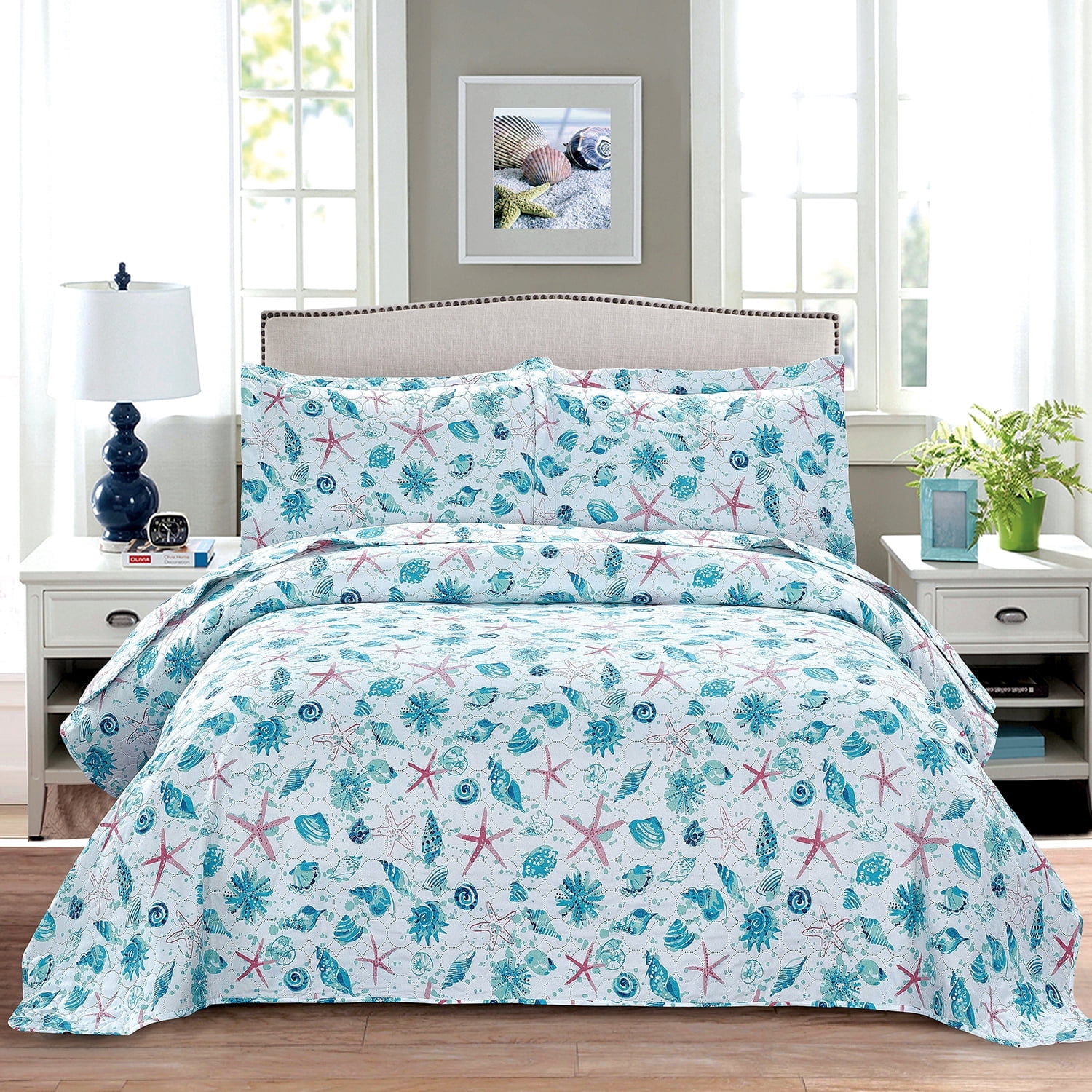 Kebury Coastal Beach Theme Quilts Bedding Set King Size Lightweight Patchwork Ocean Bedding Coverlets Conch Blue Seashell Starfish Seaweed Bedspreads (1 Quilt, 2 Pillow Shams)