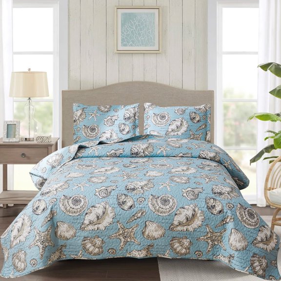 Kebury Ocean Beach Theme Quilts Bedding Set Queen Size Lightweight Patchwork Coastal Bedding White Shell Coverlets Conch Seashell Starfish Seaweed Bedspreads (1 Quilt, 2 Pillow Shams)