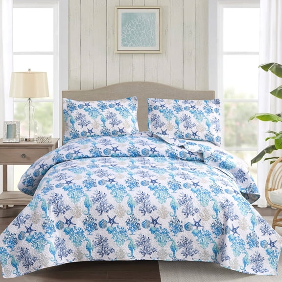 Kebury Beach Theme Quilts Bedding Set Twin Size Lightweight Patchwork Coastal Ocean Bedspreads Conch Seashell Starfish Seaweed Coverlets (1 Quilt, 2 Pillow Shams)