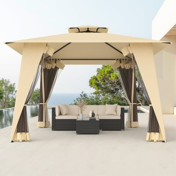 Kecreque Gazebo Outdoor Canopy Tent Patio Tent w/ Mosquito Net & 2-Tiered Vented Top 12'x12' Shelter for Party, Backyard & Patio