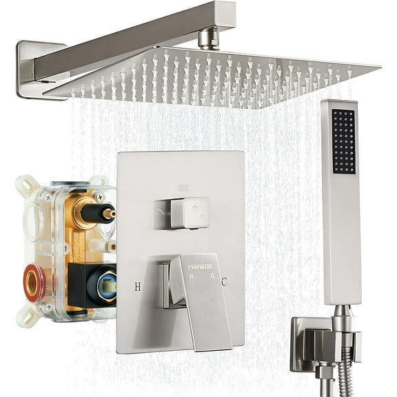 Kede 10 Inches Brushed Nickel Shower System Rain Shower System Set Ceiling Mounted, Rainfall Shower Head with Handheld, Bathroom Shower Kit (Contain Faucet Brass Valve Body and Trim)