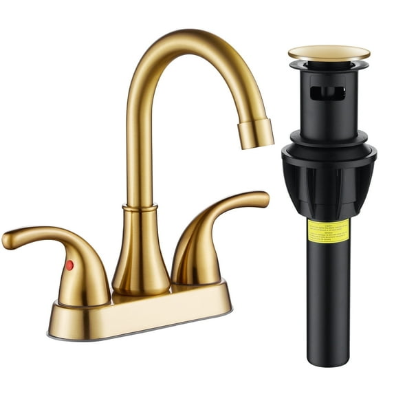 Kede 4 Inch Faucet 2 Handle Bathroom Sink Faucet Lead-Free Brushed Gold Bath Sink Faucet with Pop-up Drain Stopper and Supply Hoses