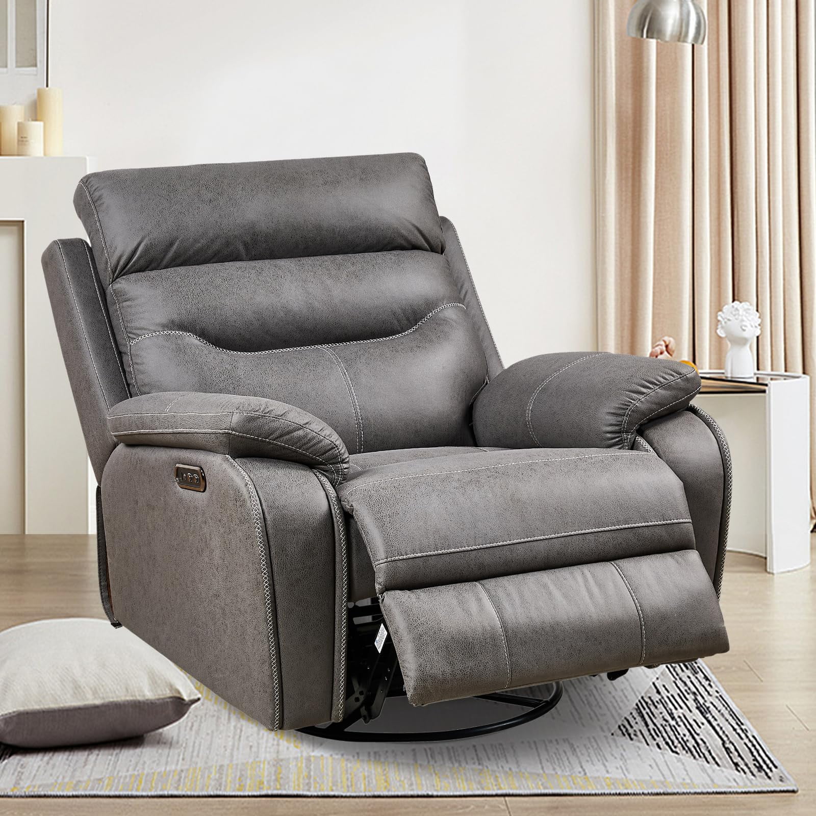 BedLuxury Oversized Dual Motor Power Recliner Chairs Swivel Rocker Recliner with One-Key Reset Button for Elderly and Nursery Infinite Position, Adjustable Headrest and USB Port,Faux Leather (Grey)