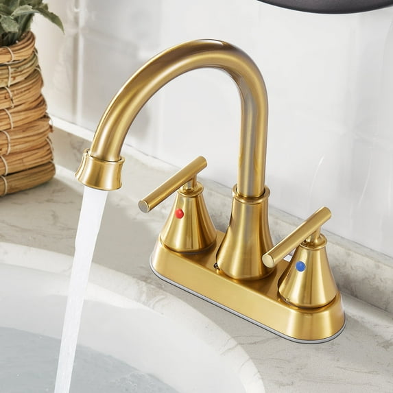 Kede Bathroom Sink Faucet 4 Inch 2 Handle CentersetGolden Brushed Lead-Free Modern Bathroom Faucet Vanity Faucet with Pop-up Drain Stopper and Supply Hoses