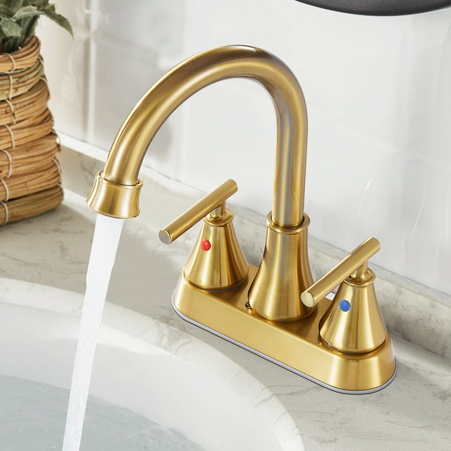 Modern 4 Inch 2 Handle Bathroom Sink Faucet, Lead-Free, Golden Brushed ...