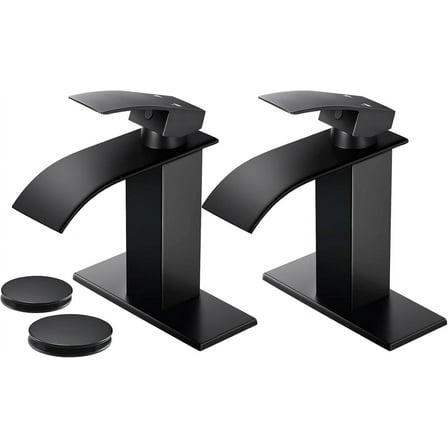 Kede Black Waterfall Bathroom Faucet Lavatory Single Handle 1 or 3 Hole Bathroom Sink Faucet Washbasin Faucet with Deck and Pop-up Drain(set of 2)